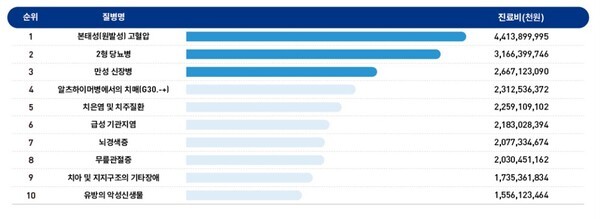 2023년 단일상병 기준 진료비 상위 / 질병관리청
