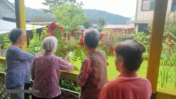 용인해바라기요양원의 어르신들이 정원의 꽃을 감상하는 모습 / 배정은 원장