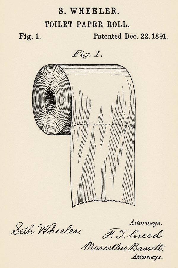 세스 휠러가 발명한 화장지. 위에서 아래로, 롤이 앞으로 풀리도록 한 그림으로 미국 특허 번호는 US465588A, 특허 출원일은 1891년 12월 22일. 세스 휠러가 최초로 화장지 관련 특허를 받은 해는 1871년이다. 이때는 아직 롤 형태가 본격화되기 전의 제품이었고, 절취선(perforation)이 강조되지 않았다. 1891년 특허는 그보다 진화된 형태, 즉 오늘날과 같은 롤에서 앞으로 풀리는 형태 + 절취선이 있는 구조. / 미국 특허청(United States Patent and Trademark Office, USPTO)