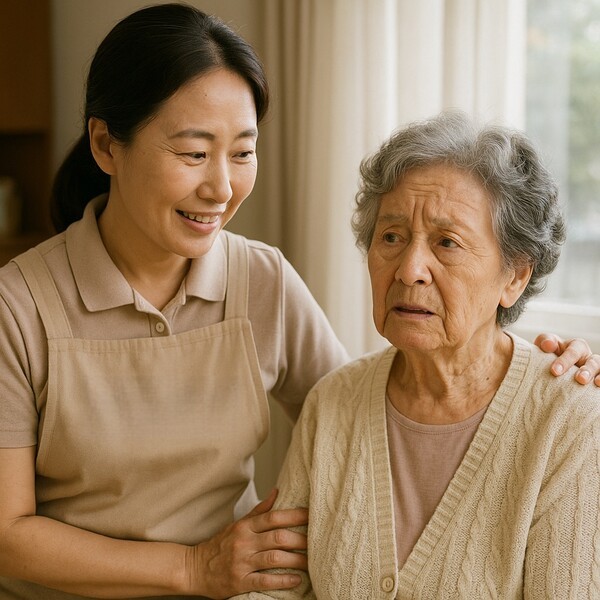 요양시설에서 치매 노인을 돌보는 요양보호사 이미지 생성 / 챗GPT