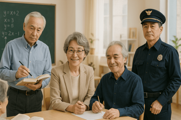 경력을 살려 사회서비스형(교육, 심리상담, 문화예술, 경찰)에 근무하는 노인일자리 근무자 이미지 / 생성형 AI