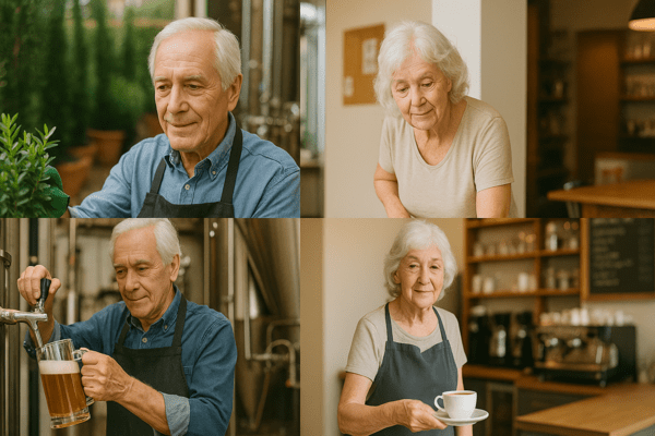 5등급 치매 노인이 가드닝, 청소, 맥주 양조 프로그램, 카페 서빙 등에 참여하는 이미지 / 생성형 AI