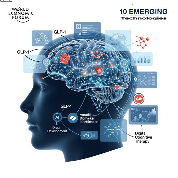 세계경제포럼이 선정한 2025년 10대 미래 기술은 비만약부터 AI 신약 개발까지, 치매와 같은 복합적인 사회 문제 해결을 위한 기술의 방향성을 제시했다. / 생성형 AI