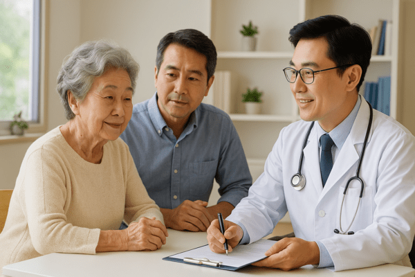 치매 어르신과 가족이 의사로부터 상담을 받고 있는 이미지 / 생성형 AI