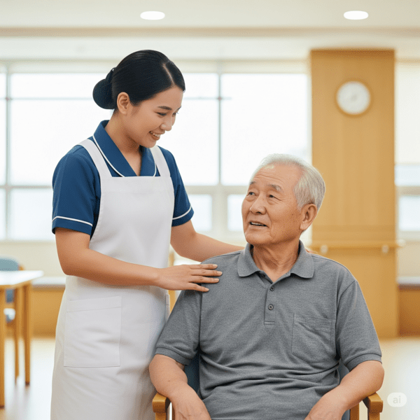 국내 요양시설에서 외국인 요양보호사가 일하는 이미지 / 생성형 AI