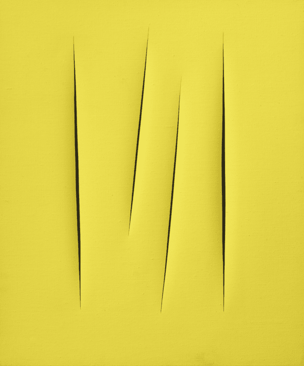 Lucio Fontana, Concetto spaziale, Attese, 1965. 단색 캔버스를 절개해 평면을 넘어선 공간성을 탐색한 폰타나의 대표작 시리즈. 이 작품은 노란 배경에 4개의 날카로운 절개를 가해, 행위의 흔적과 공간의 깊이를 동시에 표현하고 있다. / Water-based paint on canvas with cuts, 81 × 65cm. Museum of Fine Arts, Houston