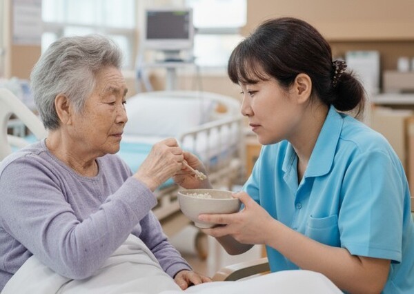 치매 환자가 간병인의 도움으로 식사를 하고 있다. / 생성형 AI