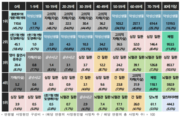 연령별 5대 사망 원인 사망률 및 구성비 / 2024년 사망원인통계 결과, 통계청 2025.09.25