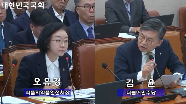 오유경 식약처장(왼쪽)과 김윤 의원 / 국회인터넷의사중계시스템